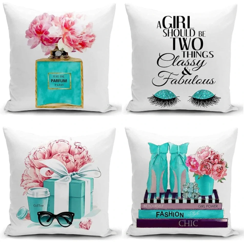 Set of 4 18x18 Decorative Pillow Covers Teal White Fashion Style